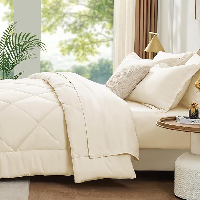 FUANNA 7 Pieces Queen Comforter Set, All Season Bed in a Bag Queen Size, Luxury Soft Bedding Sets with Comforter, Flat Sheet, Fitted Sheet, Pillowcases & Pillow Shams, Cream White