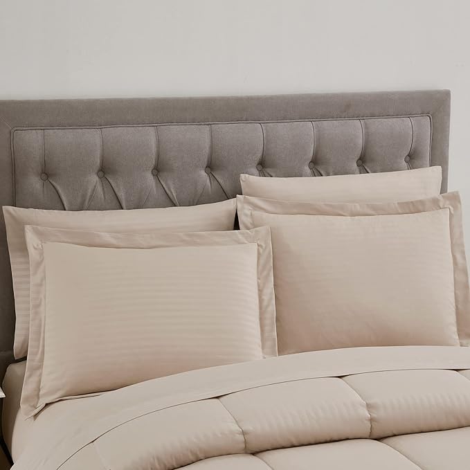 Twin Comforter Set 6 Piece Bed in a Bag with Bed Skirt, Fitted Sheet, Flat Sheet, 1 Pillowcase, and 1 Pillow Sham, Twin, Dobby Beige