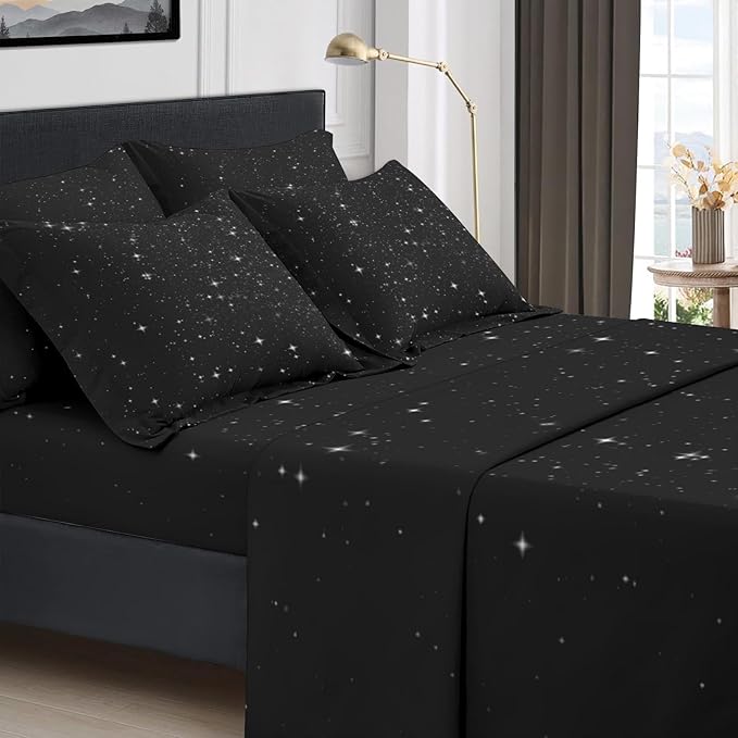 Comforter Set Queen Size, Space Starry 7 Pcs Bedding for Kids and Adults, Star Sky Bed Sheet Sets with Fitted Sheet 2 Pillowcases & 2 Shams for Bedroom Bed Decor