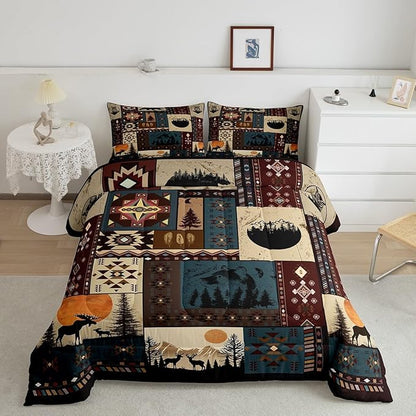 Bohemian Deer Bedding Sets Full Bear Wildlife Hunting Theme Comforter Cabin Decor Buffalo Plaid Grid Duvet Insert for Adult Women Men Retro Boho Xmas Pine Tree Down Comforter Geometric Quilt 3Pcs