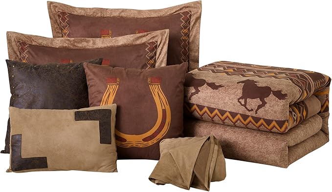 Chezmoi Collection Sedona 7-Piece Southwestern Wild Horses Microsuede Bedding Comforter Set, Extra Wide Queen, Brown
