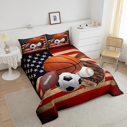 Feelyou Baseball Sports Comforter Set King Size Football Comforter for Boys Girls Teens Ball Game Bedding Set Basketball Duvet Set Room Decor Red Brown Mixed Ball Quilt Set