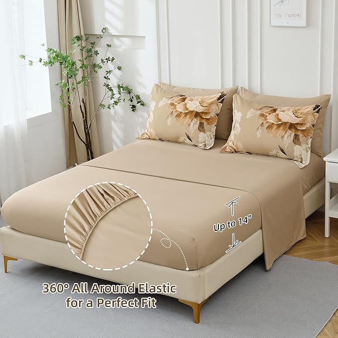 Dobuyly Full Size Comforter Set 7 Piece Bed in a Bag Full, Taupe Floral Printed on Khaki Fall Comforter Set with Sheets, Soft Microfiber Farmhouse Complete Bedding Set for All Season