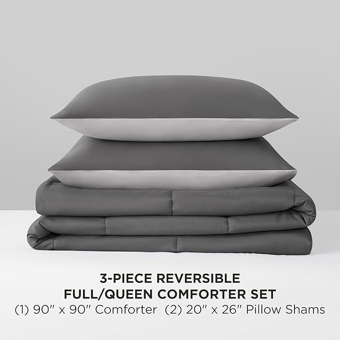 Reversible Box Stitch Comforter Set, 3-Piece Full/Queen – Dark Grey/Light Grey – Stylish Bedding Set