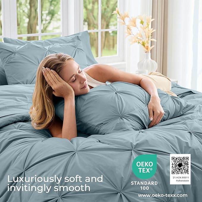 Sasttie Full Size Comforter Set, 7-Piece Bed in a Bag, Pintuck Bedding Sets for All Season, Includes Comforter, Flat Sheet, Fitted Sheet, Pillowcases and Pillowshams, Greylish Blue
