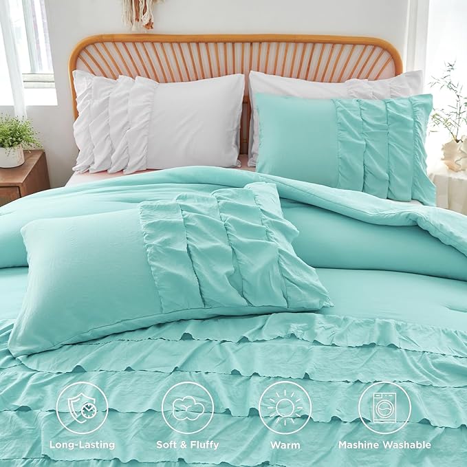 PERFEMET Teal Bedding Comforter Sets, 3 Pieces Multi Layers Ruffle Bedding Set Queen Size, Washed Microfiber Boho Comforter Set for Teens Girls Women (Teal,Queen)