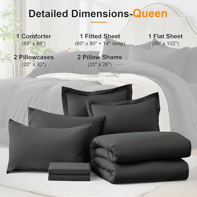 Queen Comforter Set 7 Piece - Soft Bed in a Bag Queen Size Comforter Sets, Cozy Bedding Sets with Down Alternative Comforter, Flat Sheet, Fitted Sheet, 2 Pillowcases & 2 Shams, Dark Gray