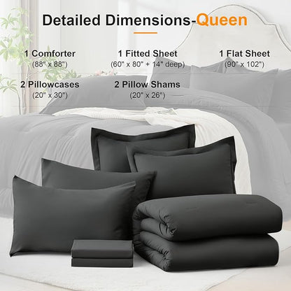 Queen Comforter Set 7 Piece - Soft Bed in a Bag Queen Size Comforter Sets, Cozy Bedding Sets with Down Alternative Comforter, Flat Sheet, Fitted Sheet, 2 Pillowcases & 2 Shams, Dark Gray