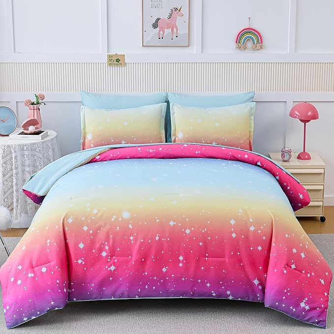 Drucon Girls Comforter Set Twin, 6 Pieces Bed in A Bag Gradient Colorful Pink Blue Ombre Glitter Bedding Set (1 Comforter, 1 Flat Sheet, 1 Fitted Sheet, 1 Pillow sham, 2 Pillowcases)