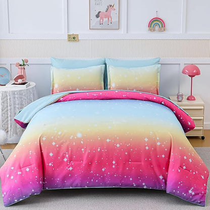 Drucon Girls Comforter Set Twin, 6 Pieces Bed in A Bag Gradient Colorful Pink Blue Ombre Glitter Bedding Set (1 Comforter, 1 Flat Sheet, 1 Fitted Sheet, 1 Pillow sham, 2 Pillowcases)