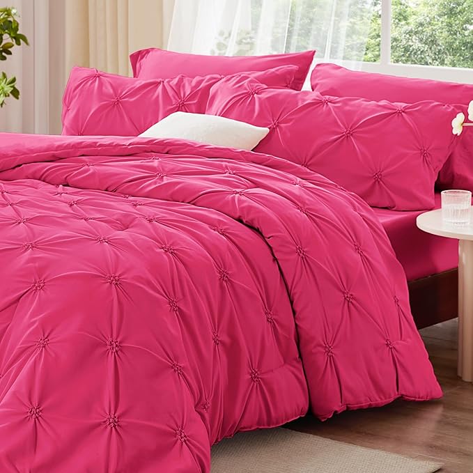 BEDELITE Hot Pink Twin Comforter Set - 2 Peices Boho Pintuck Bedding Comforter Sets, Lightweight Soft & Warm Twin Bedding Sets with 1 Pillowcase for All Season