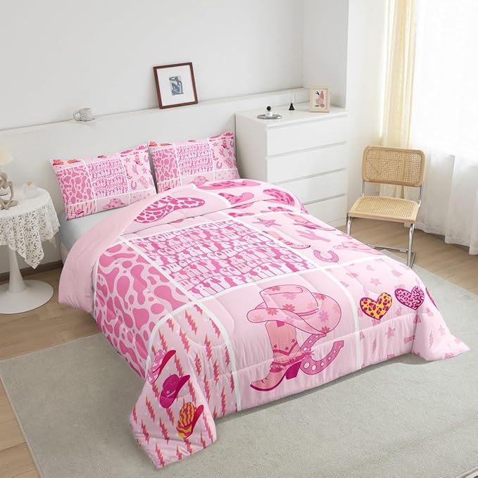 Feelyou Pink Western Decor Comforter Queen Size Wild West Cowgirl Comforter Set for Boys Girls Children Cowgirl Boots Hats Horseshoes Bedding Set Room Decor Patchwork Grid Duvet Set 3Pcs