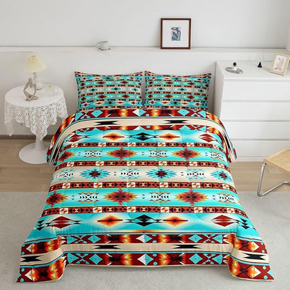 Erosebridal Western Decor,Vintage Exotic Indian Geometric Bedding Set Boho Western Comforter Set King,Ethnic Tribal Arrow Quilt Aztec Duvet Insert,Rustic Home Decor Rustic Farmhouse Bedroom Teal Red