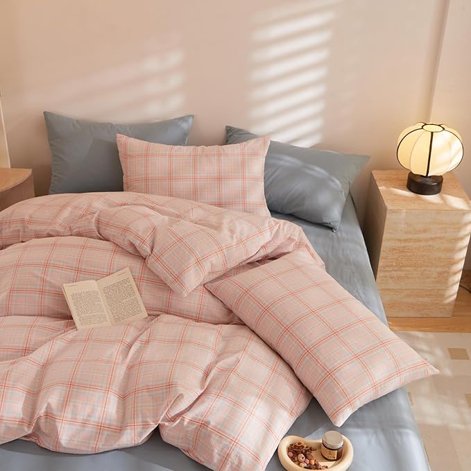 HighBuy Pink Plaid Comforter Set King Fluffy 3 Piece Chic Bohemian Gingham Grid Patchwork Hotel Quality Bedding Comforter Soft Aesthetic for College Teens 1 Boho Comforter with 2 Pillowcases