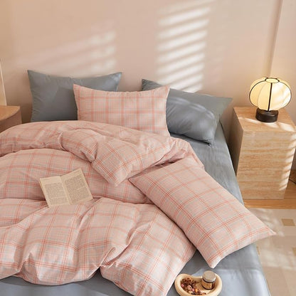 HighBuy Boho Chic Plaid Comforter Set Twin XL Size for Boys Girls Pink Checkered Grid Bedding Luxury Soft Comforter for Kids Bohemian Style Bedding Set Comfy Comforter All Season Cottagecore