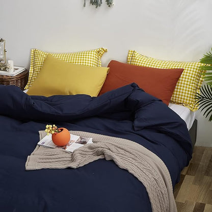 Luxlovery Navy Blue Comforter Set California King Dark Blue Bedding Comforter Set Soft Breathable Quilts Breathable Cozy Comforter with 1 Yellow+1 Caramel Pillowcase for King Bed