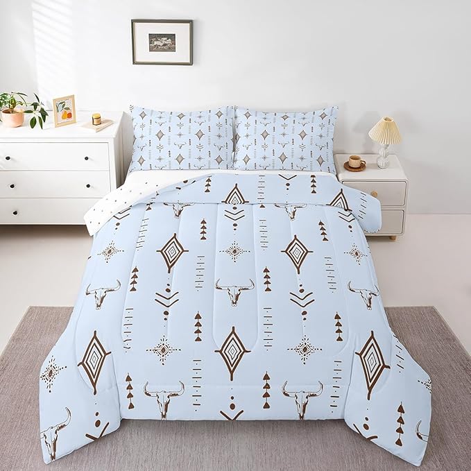 Feelyou Bull Skull Western Bedding Set Full Size Ethnic Horns Boho Comforter Kids Adult Tribal Symbol Mysterious Aztec Comforter Set Soft Microfiber