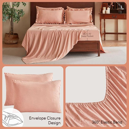MR&HM Queen Comforter Set Coral Pink, Comforter Set 7 Pieces for Girls Women, Shabby Chic Vintage Cottagecore Bed Sets Elegance Boho Bed in a Bag, Ultra-Soft & Fluffy Comforter for All Season