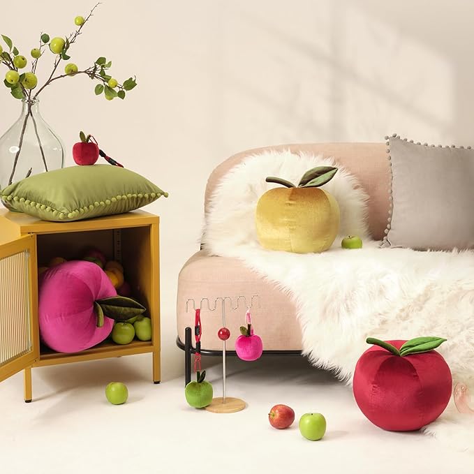 Ashler Apple Pillow, Fruit Shaped Pillows, Apple Shaped Luxury Velvet Throw Pillow, Cute Apple Cushion, Fun Home Decor for Sofa, Chair, Bedroom, Red, 11x9.5IN