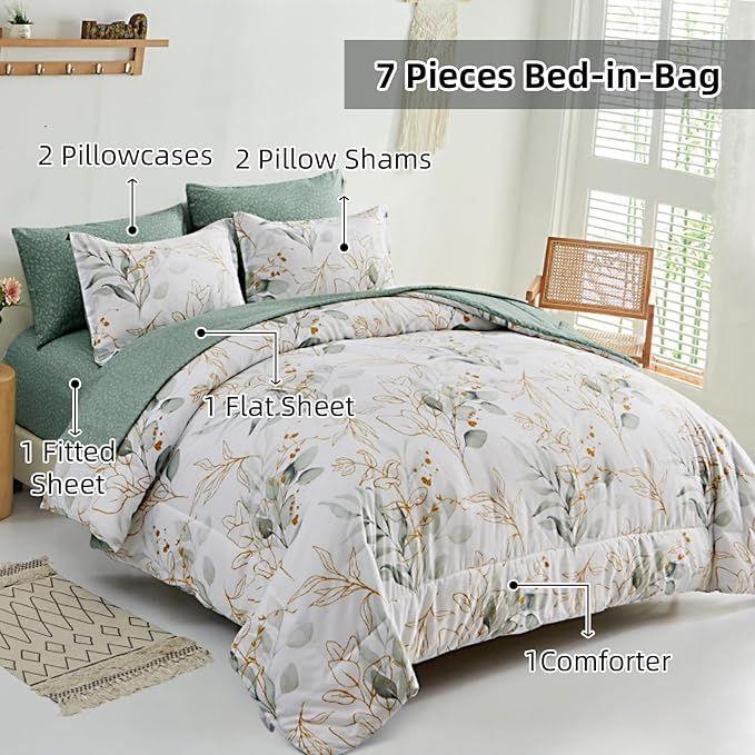 WONGS BEDDING 7 Pieces Floral Bed in a Bag King, Botanical Comforter Set Reversible Green Gold Leaves Bedding Set Microfiber King (1 Comforter,2 Pillowcase,2 Pillow Shams,1 Flat Sheet,1 Fitted Sheet)