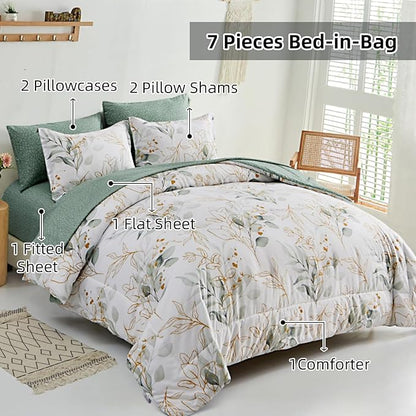 WONGS BEDDING 7 Pieces Floral Bed in a Bag King, Botanical Comforter Set Reversible Green Gold Leaves Bedding Set Microfiber King (1 Comforter,2 Pillowcase,2 Pillow Shams,1 Flat Sheet,1 Fitted Sheet)