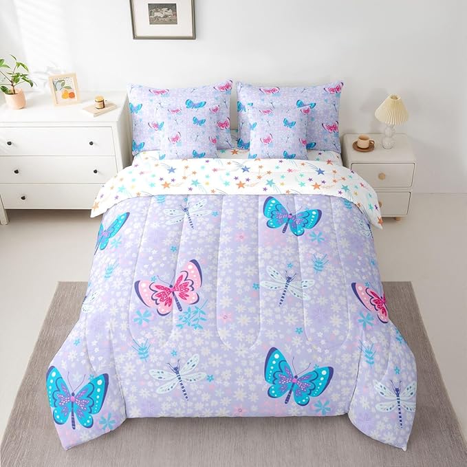 Feelyou Butterfly Dragonfly 7 Piece Bedding Set Cute Flower Comforter Set with Sheets for Kids Boys Girls Purple Bed in a Bag Animal Theme Bed Set Soft Lightweight