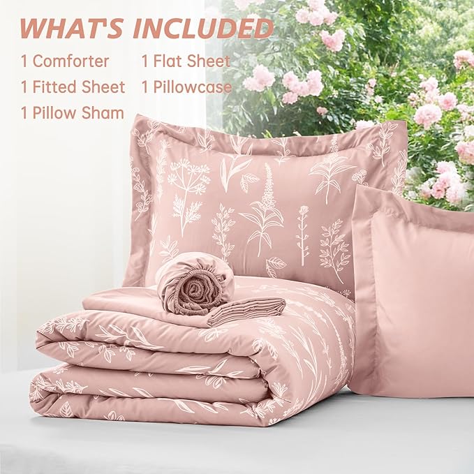 MUXHOMO Cameo Pink Twin Comforter Set, Elegant Floral Print Bed in a Bag 5 Pieces, Ultra Soft & Breathable Reversible Botanical Pattern Bedding Set with Comforter, Sheets, Pillowcase, and Sham