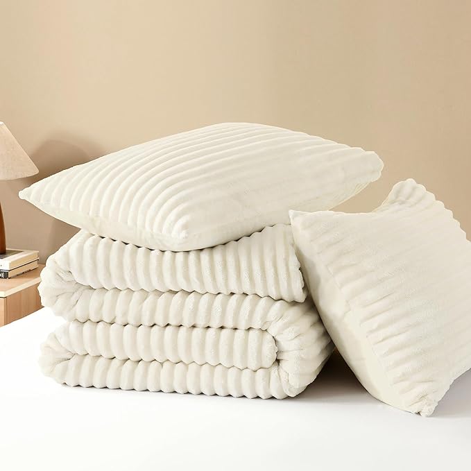 Andency Cream California King Comforter Set, 3 Pieces Fleece Cal King Comforter Set, Soft Warm Fluffy Fuzzy Bedding Set for Winter (1 Comforter & 2 Pillowcases)