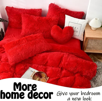 MorroMorn Fluffy Heart Throw Pillows, Shaggy Decorative Pillow for Sofa Couch Bed, Cute Room Decor Decorations for Women Girls Kids (Red)