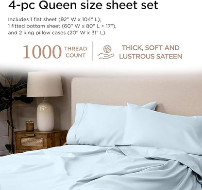 Threadmill Supima Cotton Queen Sheet Set, 1000 Thread Count Queen Sheets for Queen Mattresses, 4 Piece American Luxury Bed Sheets, Sateen Hotel Quality Sheets with Elasticized Deep Pocket, Light Blue