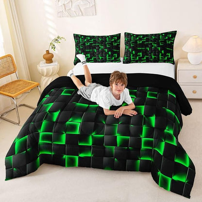 Erosebridal Neon Black Green Boys Comforter Set Toddler Size Geometric Checkered Bedding Set for Kids Teen Men Gaming Room Decor,Abstract Ombre Plaid Comforter Grids Quilt Duvet