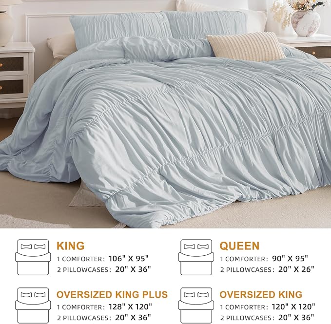 Masaca Oversized King Comforter 128x120,3 Pieces Ruched Light Blue Ruffle Comforter Set Lightweight Luxury Farmhouse Shabby Extra Large King Size Bedding for All Season