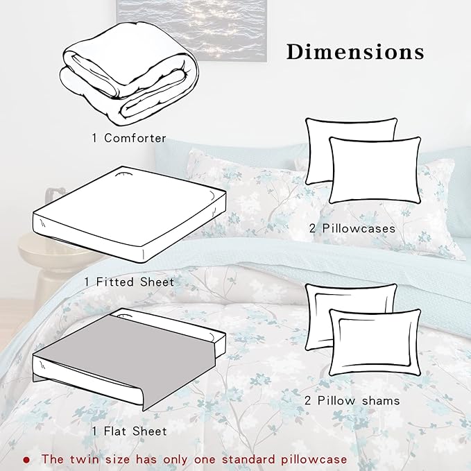 Flysheep Gray Botanical Bed in a Bag King Size 7 Pieces, Aqua Grey Leaves Elegant Floral Comforter Bedding Set All Season(1 Comforter, 1 Flat Sheet, 1 Fitted Sheet, 2 Pillow Shams and 2 Pillowcases)