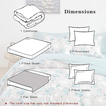 Flysheep Gray Botanical Bed in a Bag King Size 7 Pieces, Aqua Grey Leaves Elegant Floral Comforter Bedding Set All Season(1 Comforter, 1 Flat Sheet, 1 Fitted Sheet, 2 Pillow Shams and 2 Pillowcases)