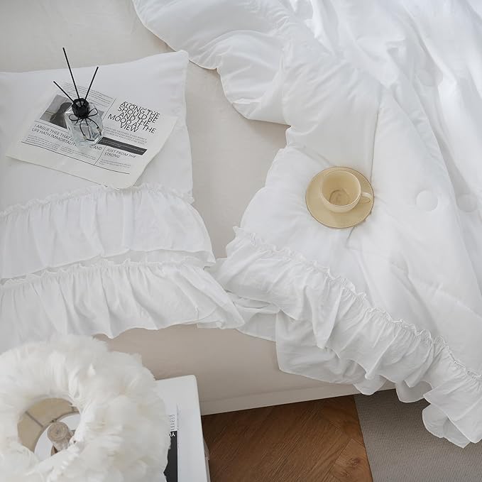 Boho Bedding King White Comforter Set Shabby Chic Beddings 2 Layers Ruffle Home Decor Farmhouse Bed Comforter