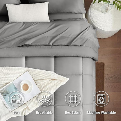 SunStyle Home Light Grey Full/Queen Comforter Set - 7 Pieces Bed in a Bag, Lightweight Goose Down Alternative Bedding Sets with All Season Comforter, 1 Flat Sheet, 1 Fitted Sheet, 4 Pillowcases