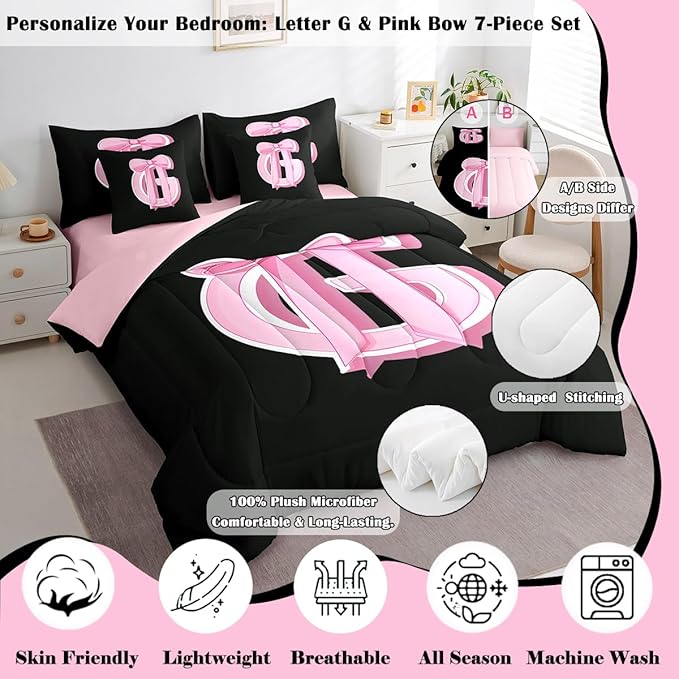 jejeloiu Kids Girls Black Pink Bow Comforter Set with Sheets Full Size Monogrammed 7 Piece Bedding Set Personalized Initial G Bed in a Bag with Comforter,Sheets,Pillowcases Modern Fashion Bed Set