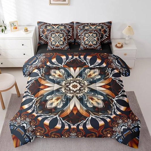 Scarlet Art Deco Bed in a Bag Oriental Bedding Set, Vintage Floral Queen Comforter Set 7-Piece Boho Mandala Bedding Comforter Sets, Retro Tribal Pattern Bed Sheets Set Aesthetic Bedroom Decor