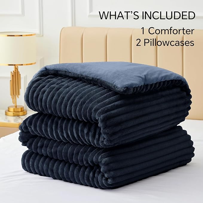 BEDELITE Fleece King Comforter Set -Super Soft & Warm Fluffy Navy Blue Bedding, Luxury Fuzzy Heavy Bed Set for Winter with 2 Pillow Cases