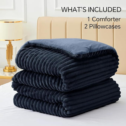 BEDELITE Fleece King Comforter Set -Super Soft & Warm Fluffy Navy Blue Bedding, Luxury Fuzzy Heavy Bed Set for Winter with 2 Pillow Cases