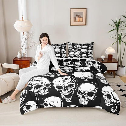 Erosebridal Boys Black Skull King Size Comforter Set, Halloween Skeleton Skull Bedding Set, Gothic Skeleton Comforter for Kids Teens Adults Men Goth Room Decor, Terror Theme Black Quilt