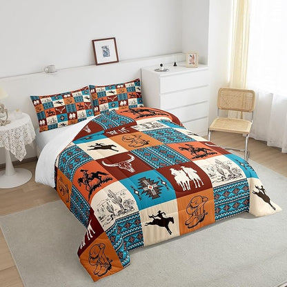 Southwestern Comforter Set King Size,Cowboy Cow Skull Cactus Print Bedding Sets,Aztec Striped Geometric Grid Quilt Set,Kids Girls Boys Adult Room Decor,Vintage Orange Brown Duvet Insert 3Pcs