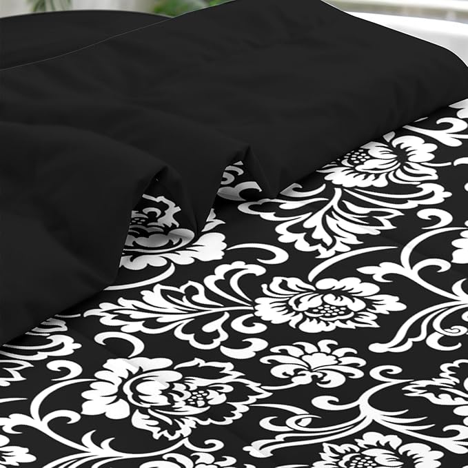 Comforter Set King Size, Vintage Floral Flower 7 Pcs Bedding for Kids and Adults, Leaf Plant Black Bed Sheet Sets with Fitted Sheet 2 Pillowcases & 2 Shams for Bedroom Bed Decor