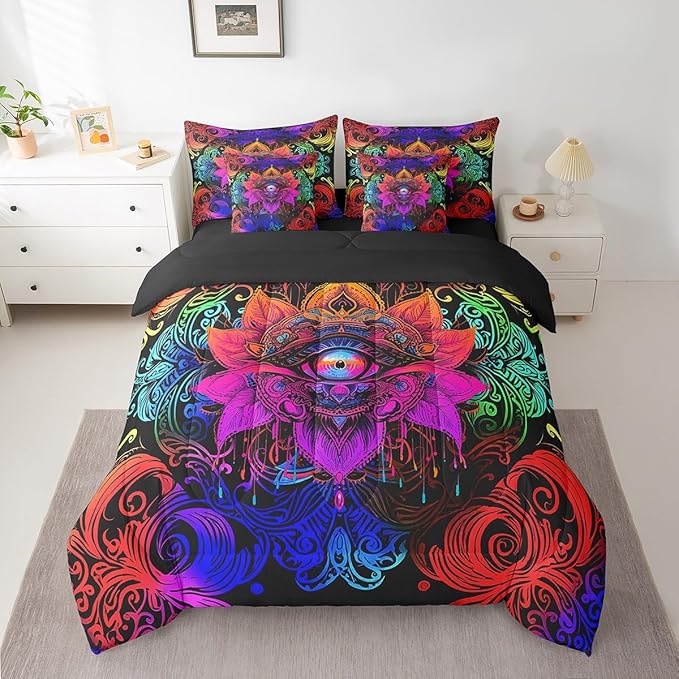 Mysterious Oriental Bed in a Bag Bohemian Lotus Bedding Set, Hippie Mandala Queen Comforter Set 7pcs Teal Blue Paisley Bedding Comforter Sets, Tribal Feather Bed Sheets Set Hamsa Fatima Eye Decor