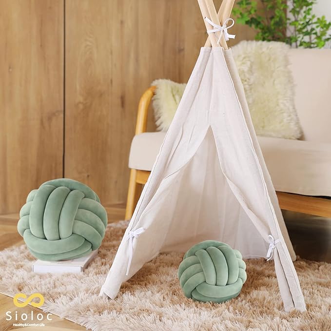 Sioloc Soft Knot Ball Pillows,Round Throw Pillow Cushion Home Decoration Plush Pillow,Throw Knotted Pillow Handmade Round Plush Pillow（13.7inches,Green）