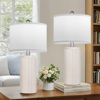TOBUSA 23.5’’ Modern Ceramic Table Lamps Set of 2 for Living Room, Farmhouse Vintage Bedside Table Lamps with White Linen Shade, Rustic Bedroom Ceramic Lamps for Nightstand Home Office End Table Dorm