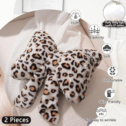 Leopard Print Throw Pillow Furry Bow Plush Pillows Cute Flower Plush Pillow Cheetah Home Decor Stuffed Bow Lumbar Pillow for Bed Couch Living Room Decor (White-B, 16in)