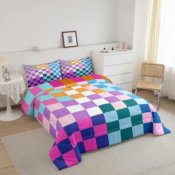 Feelyou Multicolored Checkered Retro Bedding Set Kids Boys Girls Geometric Vintage Comforter Set Toddler Size Rainbow Colorful Soft Duvet Insert Modern Simple Groovy Aesthetic Room Decor