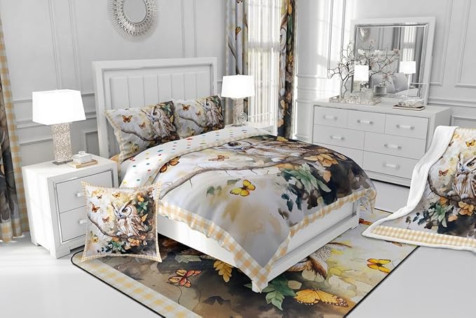 Manfei Owl Birds Kids Comforter Sets Full,Jungle Exotic Birds Bedding Comforter Sets,Geometric Grids Quilt Sets for Boys Adult Bedroom Decor,Watercolor Butterfly Leaves Duvet Insert with 2 Pillowcases