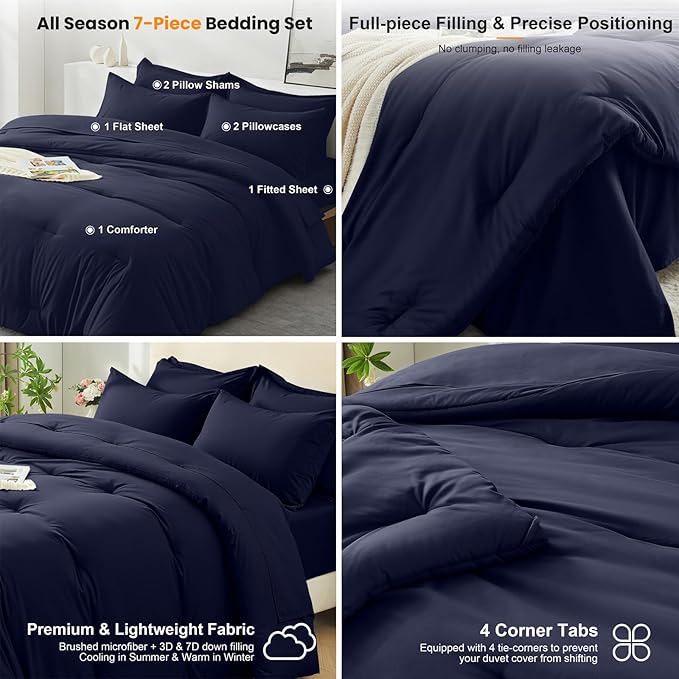 Oversized King Comforter Set 7 Pieces - Ultra-Soft Bed in a Bag, Cozy Luxury All Season Bedding Sets with Comforter, Flat Sheet, Fitted Sheet, 2 Pillow Shams & 2 Pillowcases, Navy Blue